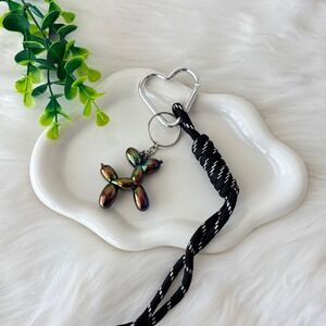 Black Iridescent Balloon Dog Keychain/ Bag Charm with Braided Lanyard